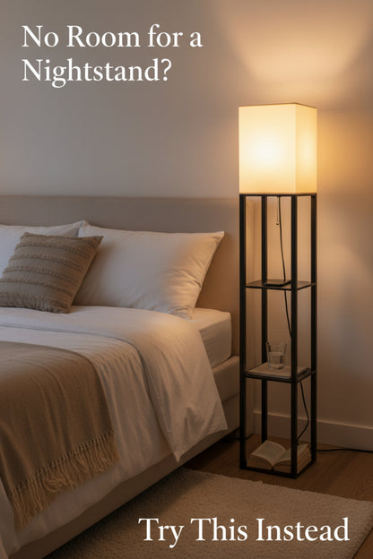 floor lamp with shelf beside a reading chair