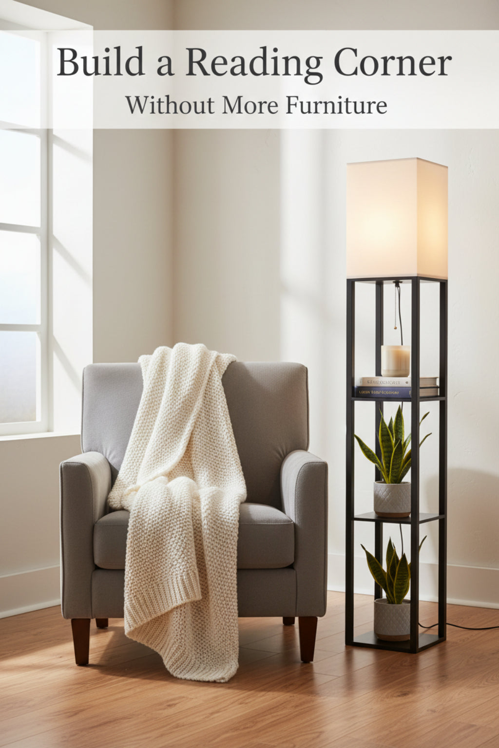 floor lamp with shelf beside a reading chair
