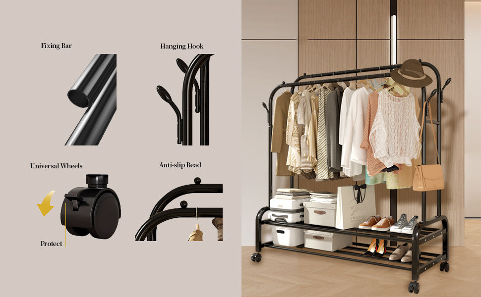Heavy-Duty Metal Double Bar Clothes Hanger with Wheels – Adjustable & Mobile Closet Organizer