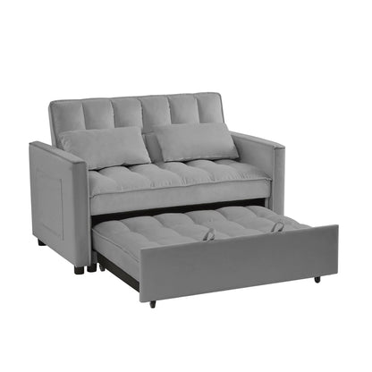 A gray adjustable sofa bed futon with a double armrest and a storage bag attached underneath.