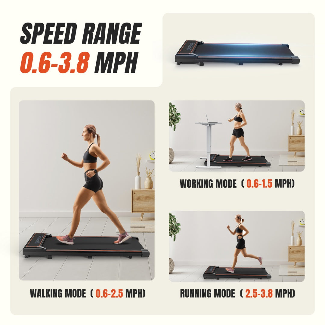 Treadmill with speed range display and woman using treadmill in a home setting