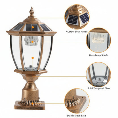 Solar-powered outdoor lamp with detailed features on a white background
