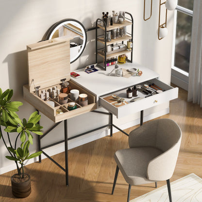 A white makeup vanity desk with a 3-mode lighted mirror, a drawer, and three open shelves. The vanity is staged with makeup items and appears to be in a bright room with a chair to the side.