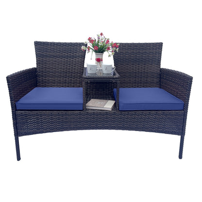Blue & Brown Woven Patio Conversation Set with Table | Viva Marlowe