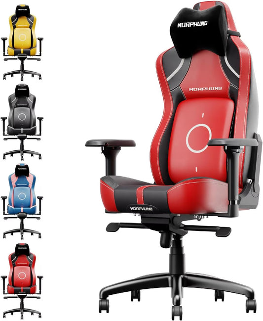 A collage of images showing a red and black ergonomic gaming chair from various angles, highlighting different features such as the brand logo on the backrest, the seat's contour, and the adjustable armrests.