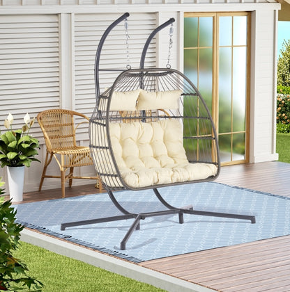 Luxury 2-Person Rattan Hanging Egg Chair | Weather-Resistant Wicker Patio Swing