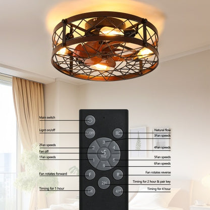 Viva Elite Farmhouse Cage Ceiling Fan with Light - 20" Black Semi-Flush with Remote