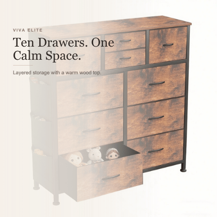 Viva Elite Brown 10-drawer dresser hero graphic using original Shopify product image
