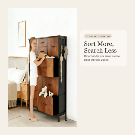 Viva Elite Brown 10-drawer dresser clutter solution graphic