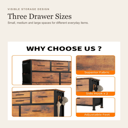 Viva Elite Brown 10-drawer dresser three-size drawer detail graphic