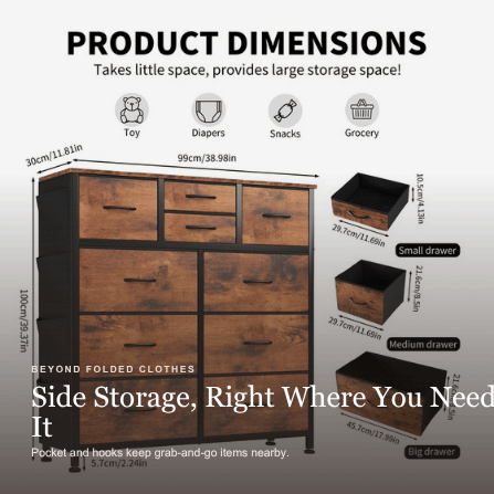 Viva Elite Brown 10-drawer dresser side pocket and hooks graphic