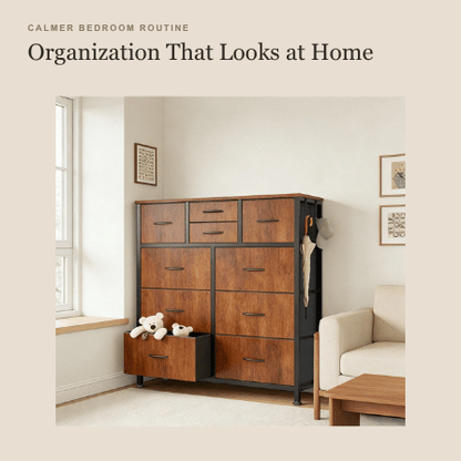 Viva Elite Brown 10-drawer dresser calm bedroom lifestyle graphic