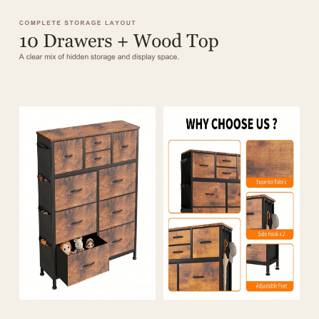 Viva Elite Brown 10-drawer dresser wood top and drawer layout trust graphic