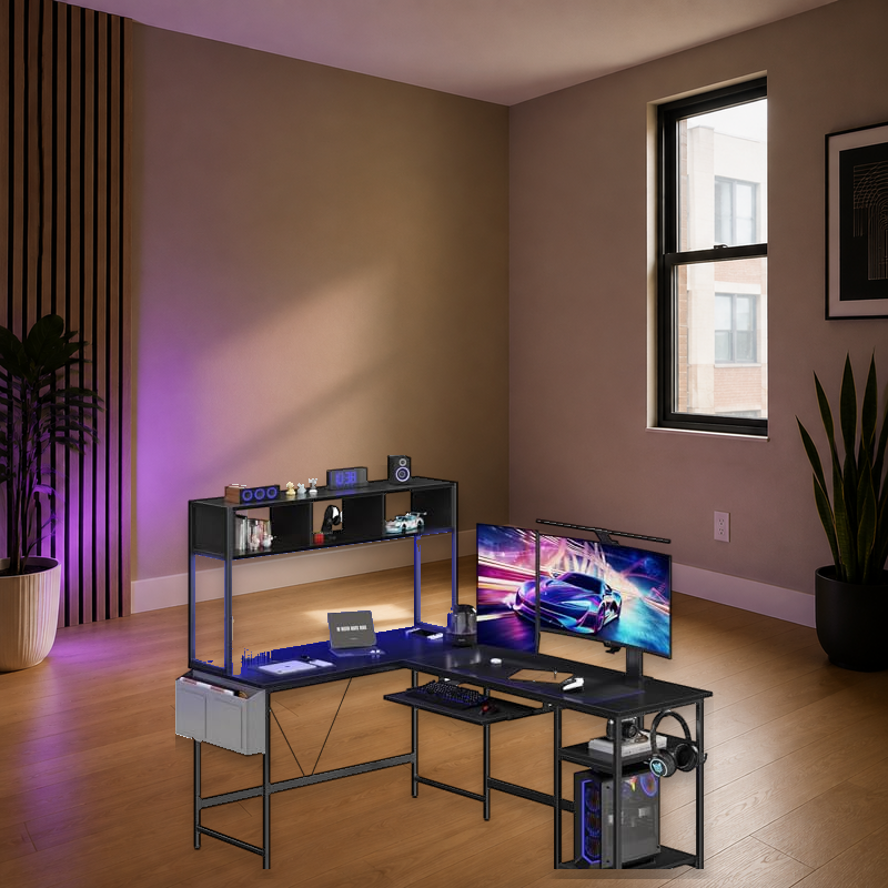 Black 67-inch L-shaped gaming desk with LED lights in a modern home office