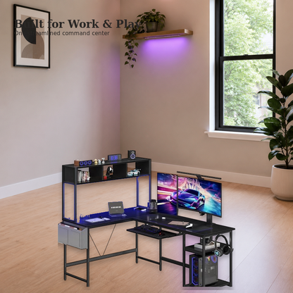 L-shaped LED gaming desk arranged for work and play