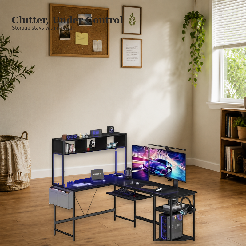 Organized gaming desk setup with keyboard tray and side storage