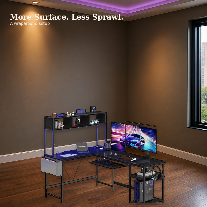 Spacious L-shaped desk surface for monitors and office essentials