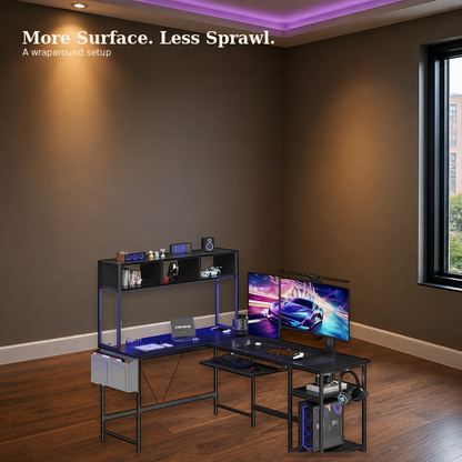 Spacious L-shaped desk surface for monitors and office essentials