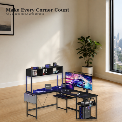 Corner-fit 67-inch gaming desk in a contemporary US home office