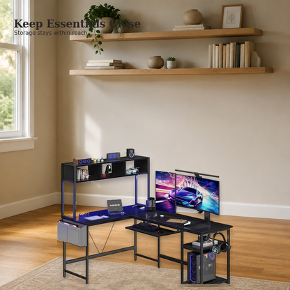 Gaming desk with accessible side storage and computer shelf