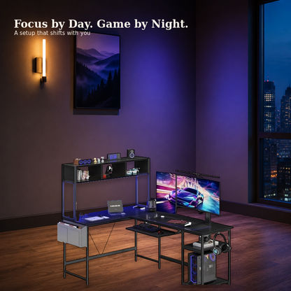 LED L-shaped desk transitioning from daytime work to evening gaming
