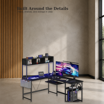 Metal-frame L-shaped gaming desk with practical storage details