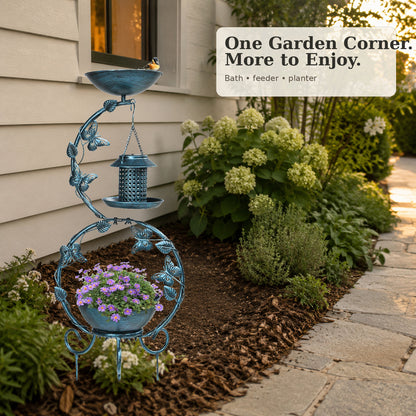 Three-in-one bird bath, feeder and planter for a garden corner