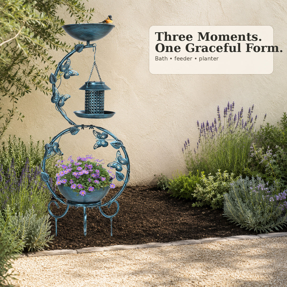 Bird bath, feeder and planter combined in one antique blue garden accent