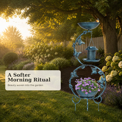 Antique Blue bird bath with feeder and planter in a morning garden
