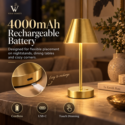 Brass rechargeable table lamp highlighting cordless use, USB-C charging and touch dimming.