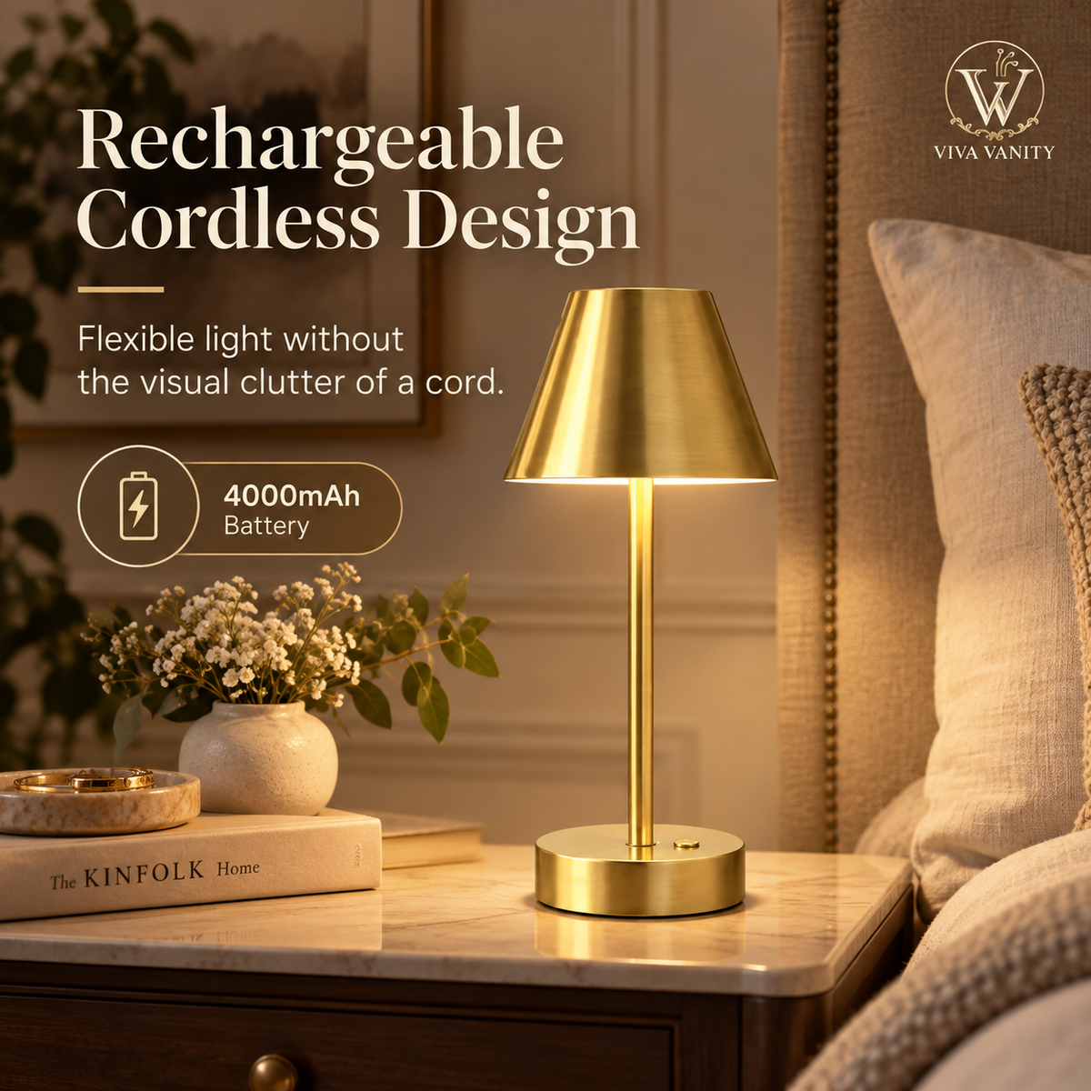 Rechargeable cordless brass table lamp with 4000mAh battery in a warm bedside setting.