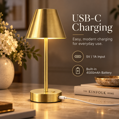 Rechargeable brass table lamp charging by USB-C with 5V 1A input and built-in 4000mAh battery.