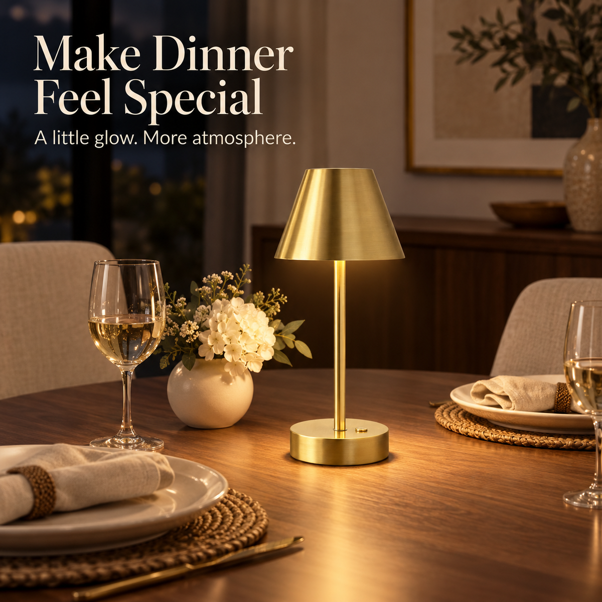 Warm brass table lamp lighting a dining table set for two with linen napkins and flowers.