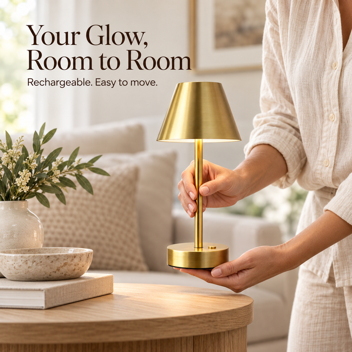 Woman supporting the round base while moving the rechargeable brass lamp to a side table.