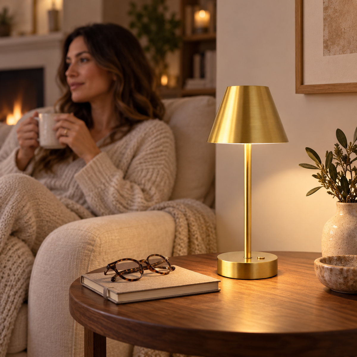 Brass accent lamp beside a cream armchair where a woman enjoys a warm drink.