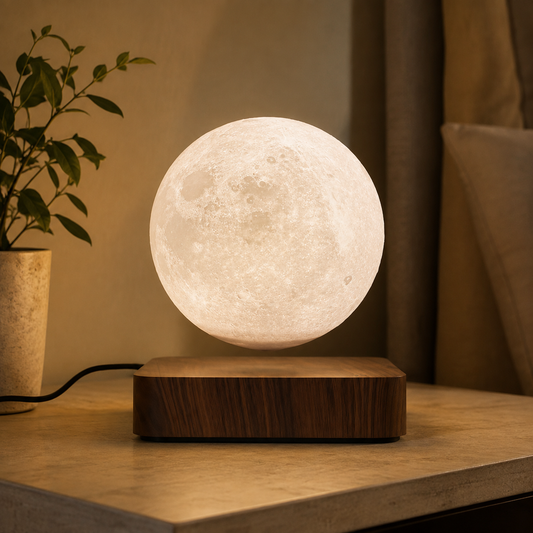 Brown Moon magnetic levitation lamp in warm modern bedroom