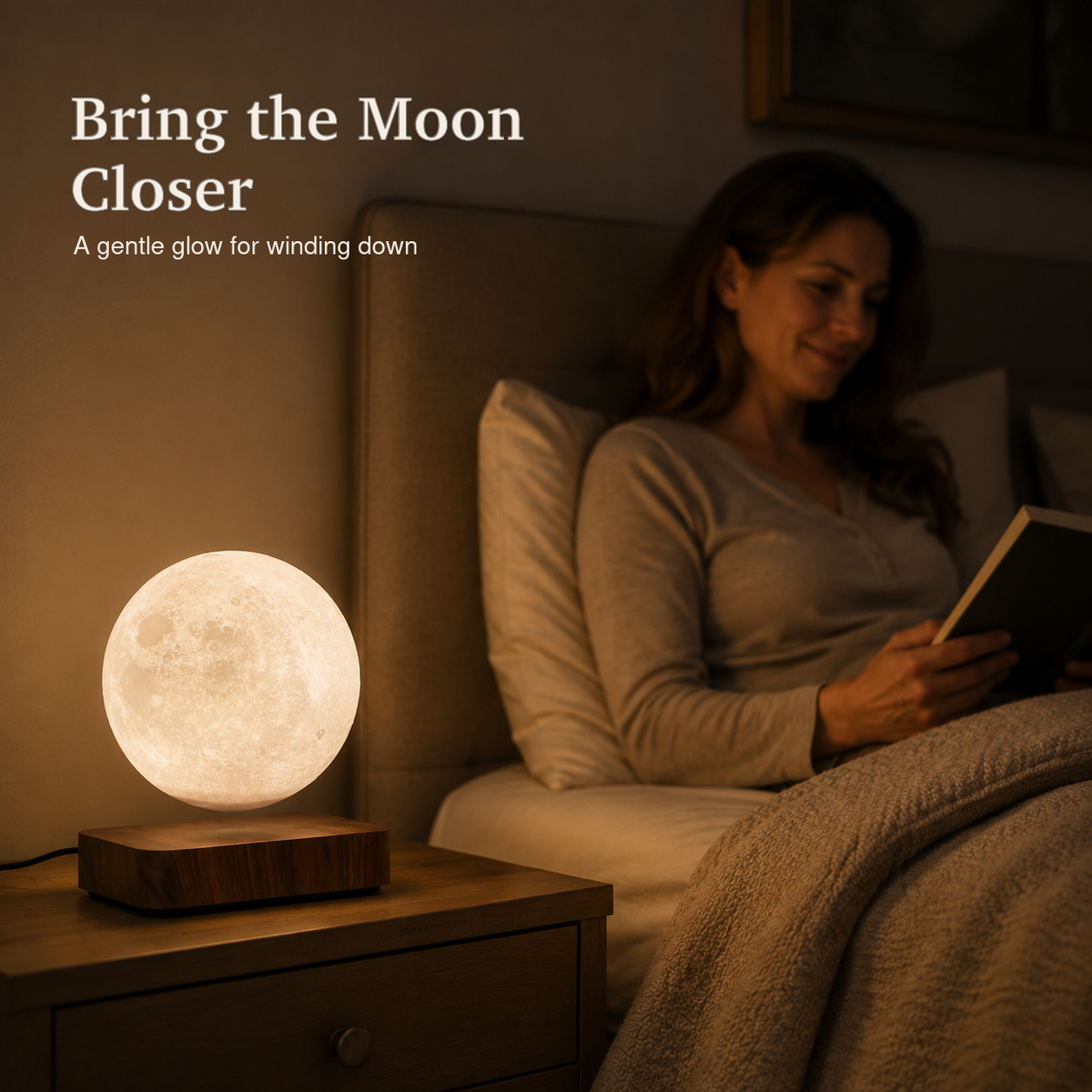 Brown Moon levitation lamp bedside reading lifestyle