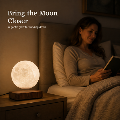 Brown Moon levitation lamp bedside reading lifestyle
