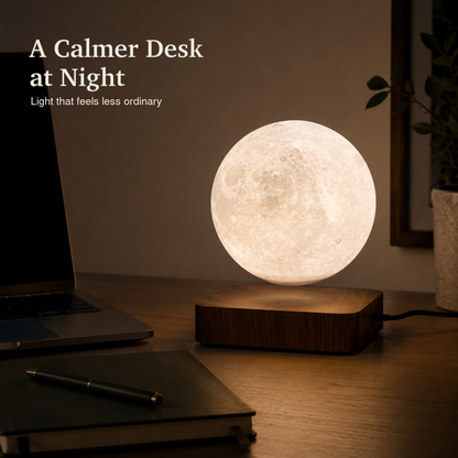 Brown Moon levitation lamp on evening home office desk