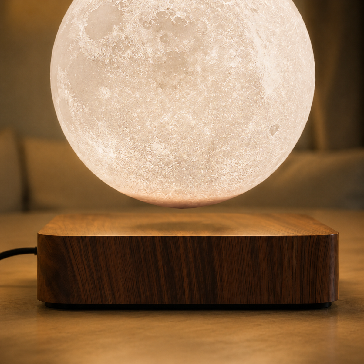 Close view of Moon sphere floating above woodgrain base