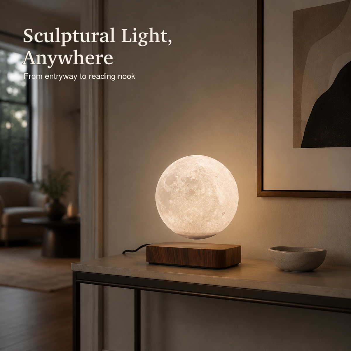 Brown Moon levitation lamp styled on entryway console