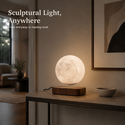 Brown Moon levitation lamp styled on entryway console
