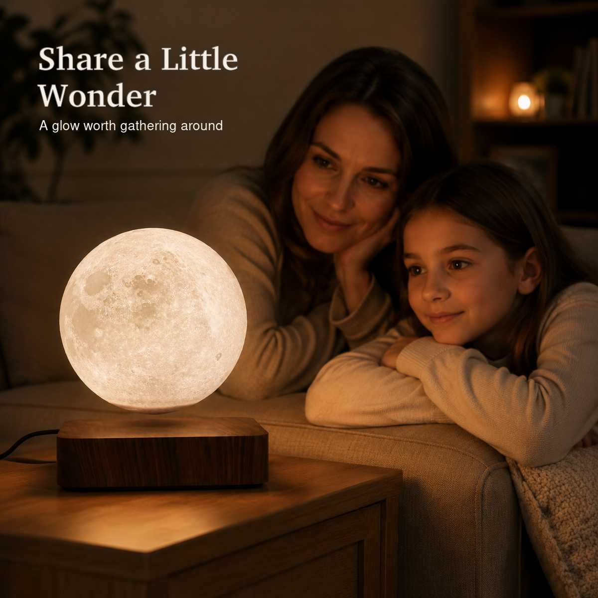 Mother and daughter enjoying Brown Moon levitation lamp