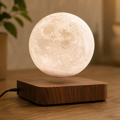 Woodgrain base and cable detail of Brown Moon levitation lamp