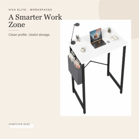 Viva Elite computer desk hero graphic with original Shopify product image