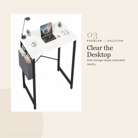 Viva Elite computer desk clutter solution graphic with side storage