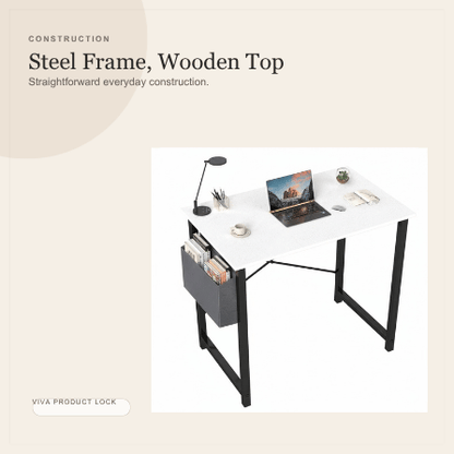 Viva Elite computer desk steel frame and wooden tabletop construction graphic