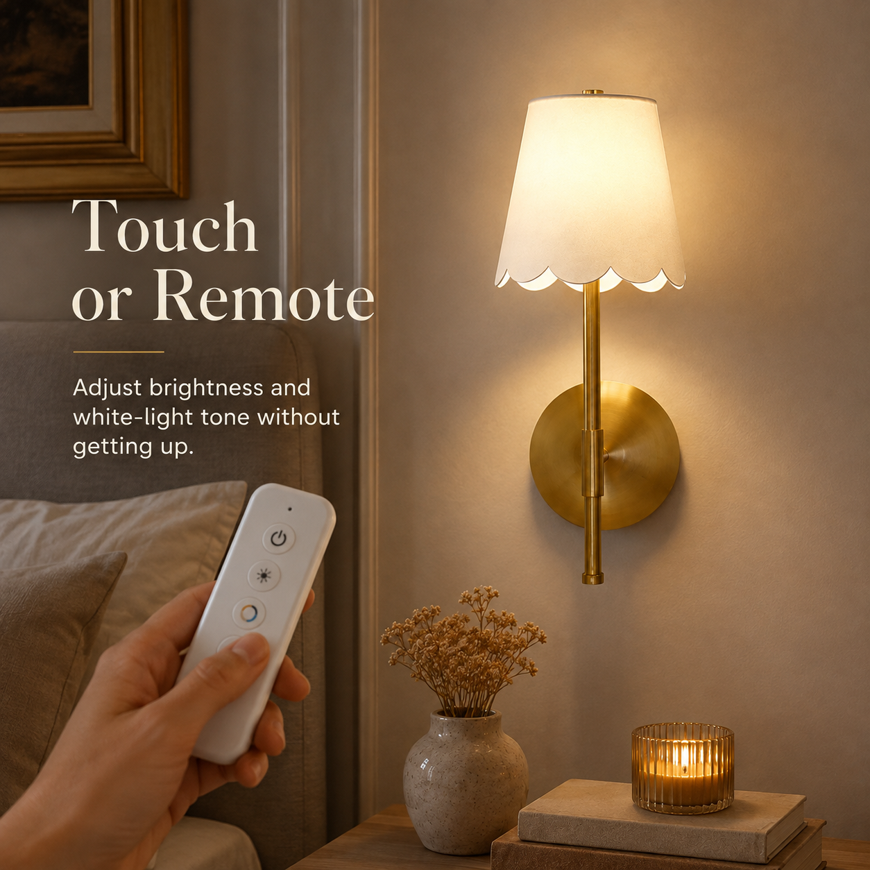 Cordless brass wall sconce with remote control for brightness and light tone