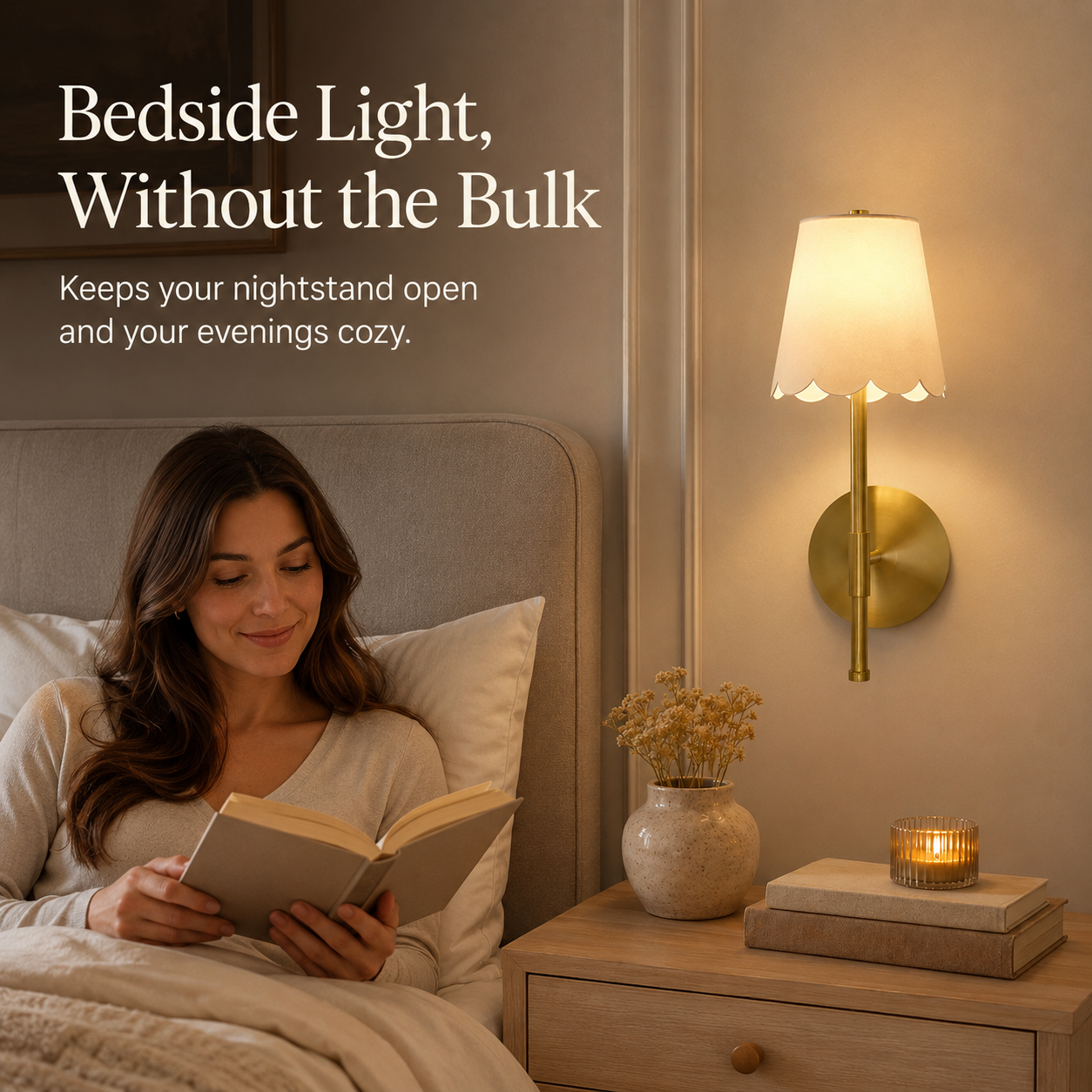 Cordless brass scalloped wall sconce used as bedside reading light