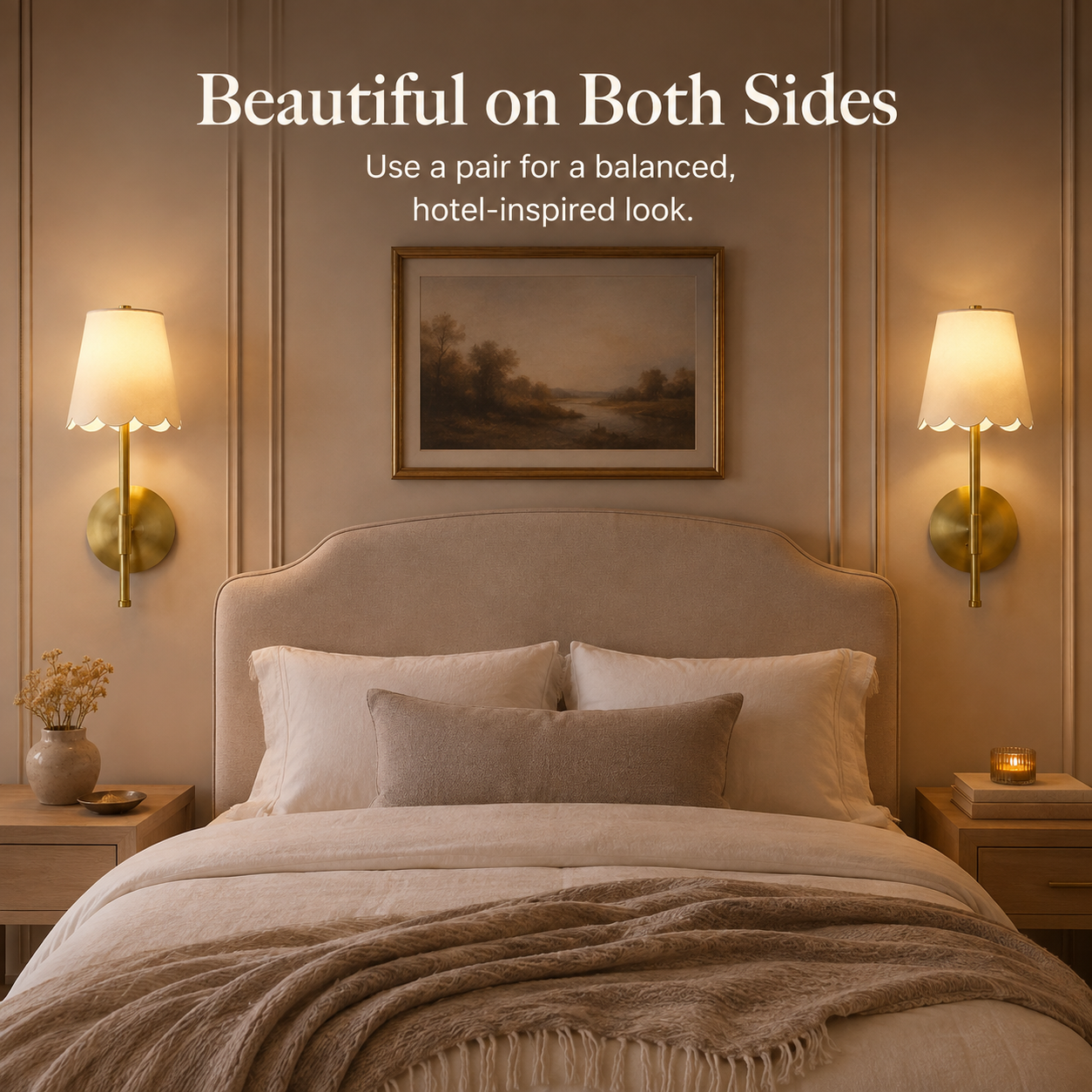 Pair of cordless brass scalloped wall sconces styled on both sides of a bed